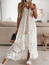 Vestido largo bohemio de verano para mujer, con encaje, cuello en V, mangas acampanadas, sexy, para fiesta, playa, boda