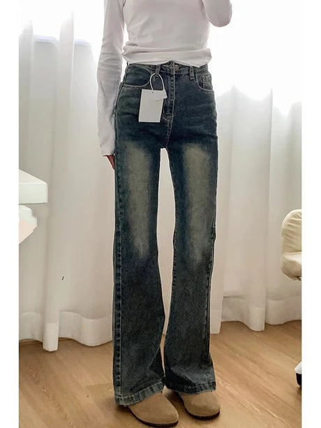 High Waist Wide Leg Jeans Women's Spring Autumn Loose Fit Conceal Hip Pear Shape Body Retro Blue Flared Denim Pants - Lootquake
