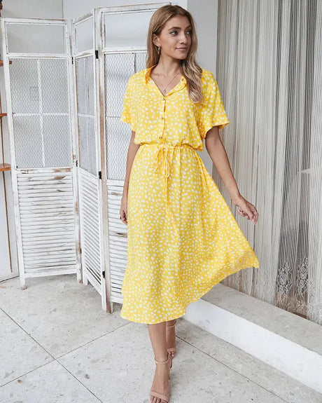 Vintage Floral Print Dress Women Boho Short Sleeve Long Dress Turn Down Collar Casual Waistband Shirt Dresses Robe 2021 Summer - Lootquake