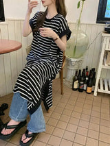 2024 New Casual Korean Striped O-neck Short Sleeve Long Dress Ladies Simplicity Patchwork Loose Tshirt Dress Women Clothing - Lootquake