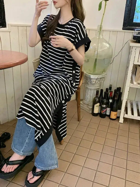 2024 New Casual Korean Striped O-neck Short Sleeve Long Dress Ladies Simplicity Patchwork Loose Tshirt Dress Women Clothing - Lootquake