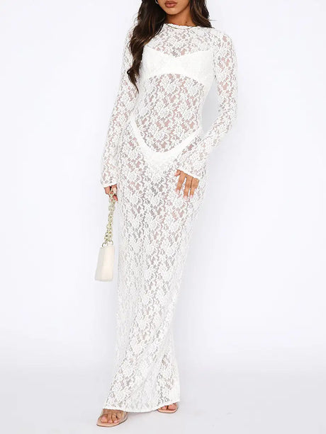 Women s Lace Long Dress Vintage Long Sleeve Round Neck Solid Color Bodycon Dress Party Gown - Lootquake
