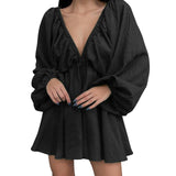 Deep V Neck Sexy Dress Temperament Retro Solid Color Pleated Dress Elegant Long Sleeve Large Size Casual Womens Dresses ropa