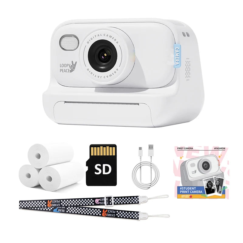 Kids Instant Print Camera -Black & White Print Toddler Birthday Gift Portable Thermal Paper HD Digital Video Printer