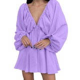 Deep V Neck Sexy Dress Temperament Retro Solid Color Pleated Dress Elegant Long Sleeve Large Size Casual Womens Dresses ropa