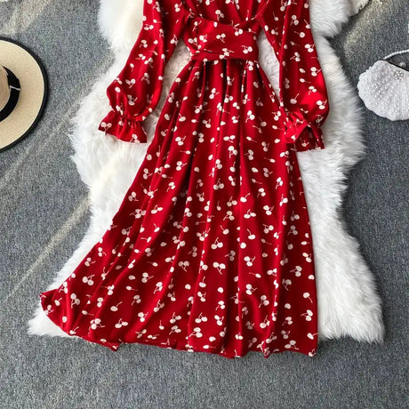 YuooMuoo Korean Fashion Cherry Print Women Dress 2025 New Spring Vintage Bandage Slim Waist Long Dress Elegant Party Vestidos - Lootquake