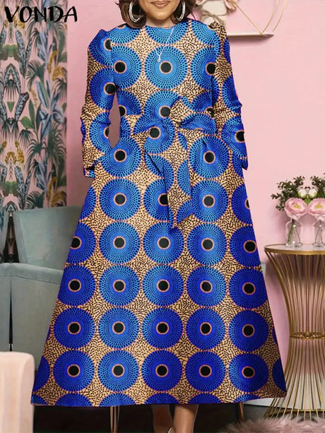Plus Size 5XL VONDA Bohemian Maxi Long Dress 2024 Women Printed Sundress Fashion Long Sleeve Vestidos Casual Loose Robe - Lootquake