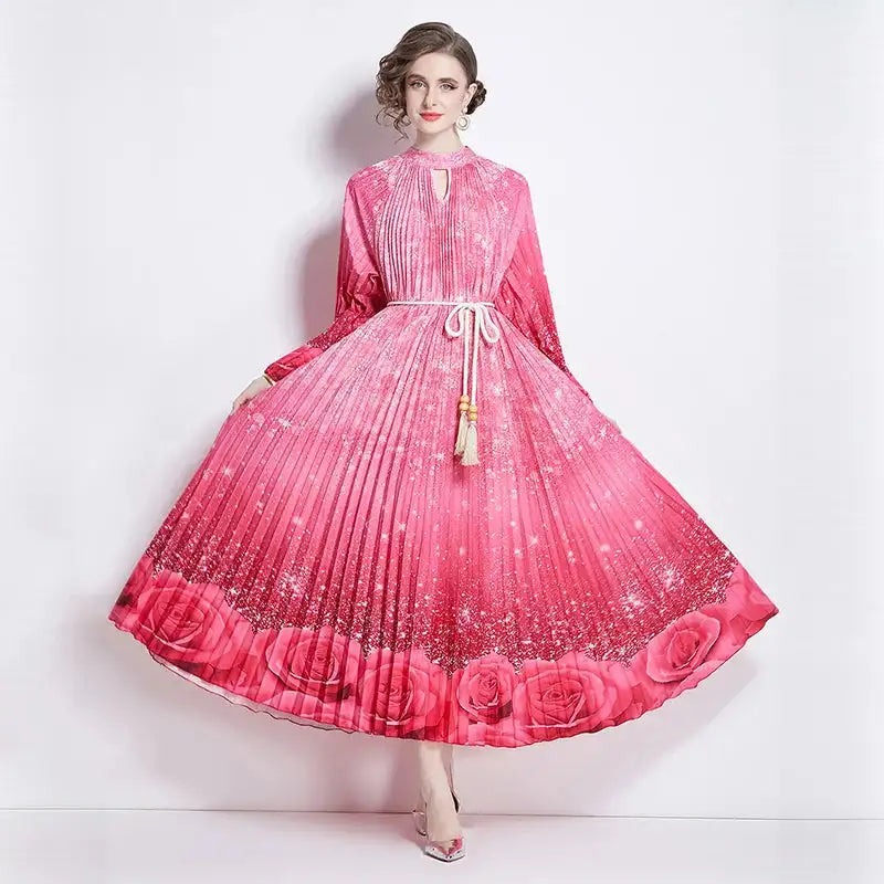 Spring Holiday Print Long Dress For Women Fashion Loose Lantern Sleeve Party Robe Female Big Swing Tassels Belt Pleated Clothes