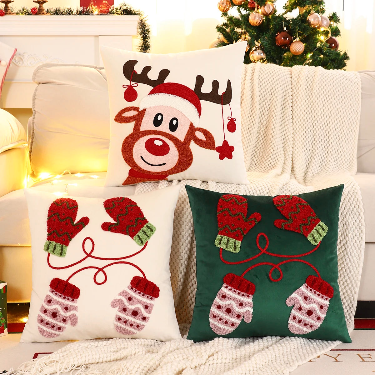 1 funda de almohada navideña con diseño de ciervo, guantes bordados de terciopelo, decoración navideña para sala de estar.
