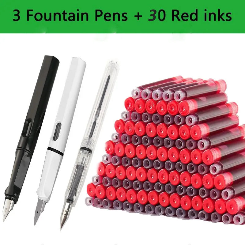 Juego de 33 plumas estilográficas Kawaii con tinta reemplazable, tinta negra, azul y roja EF de 0,38 mm, bolígrafos escolares, material de oficina, papelería para escribir.