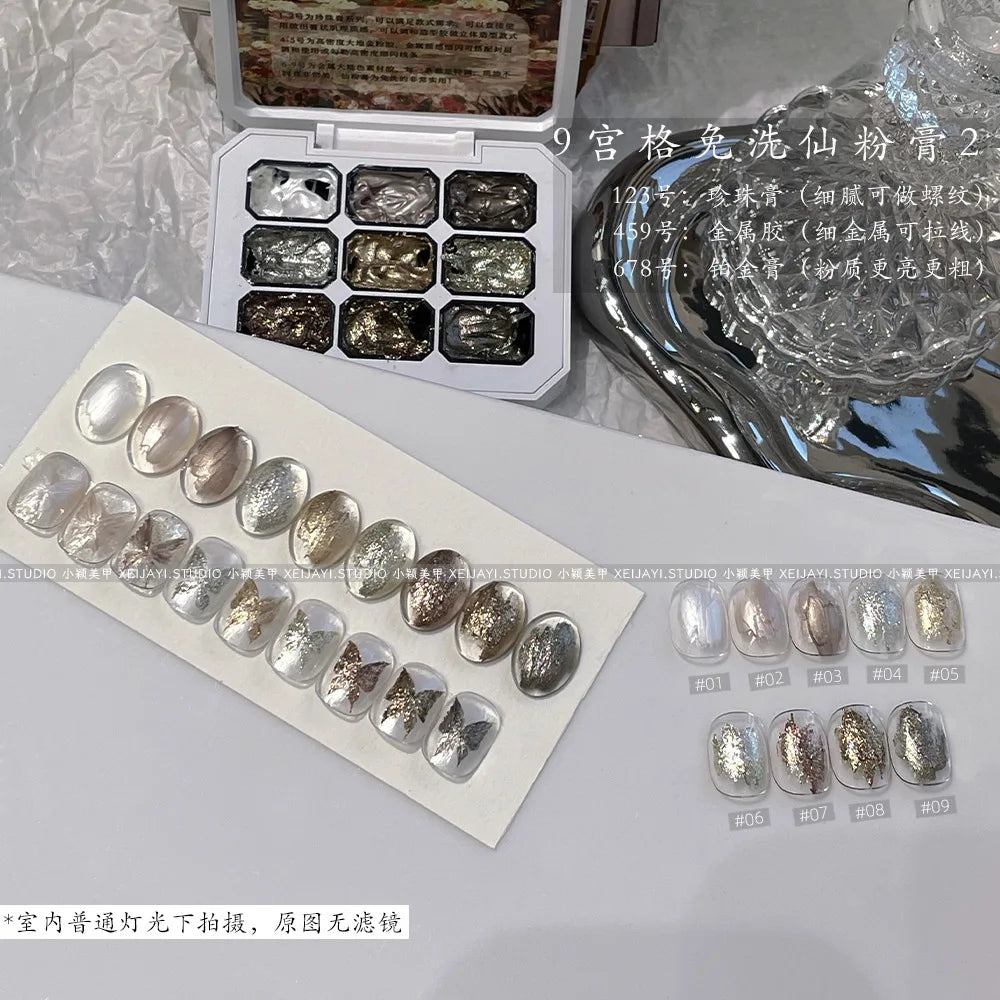 9 Grids Nail Powder Color Texture Three-Dimensional Styling Adhesive 9 Colors Nail Fairy Powder Set gel Polish Nail Art DIY