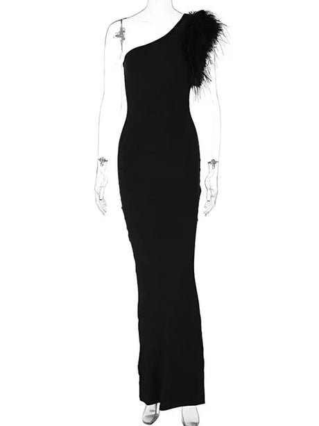 BWQ Black Sleeveless One Shoulder Feather Maxi Dress For Women Bodycon Sexy Party Elegant Long Dress Birthday Evening Outfit - Lootquake