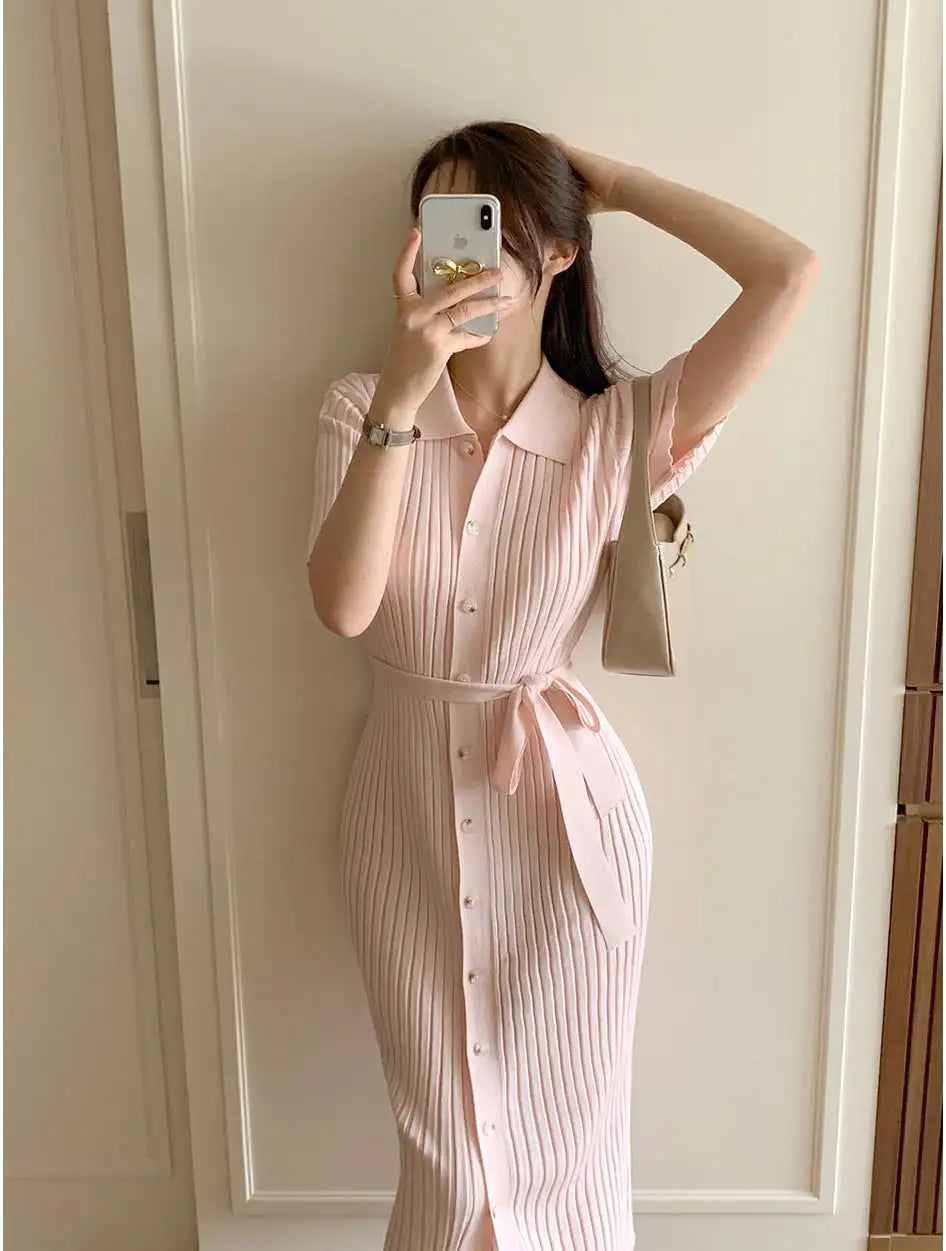 Elegant Summer Sweet Sle Turn-down Collar Single-button Thin Ice Silk Short-sleeve Knitted Long Dress Women's Fashion - Lootquake
