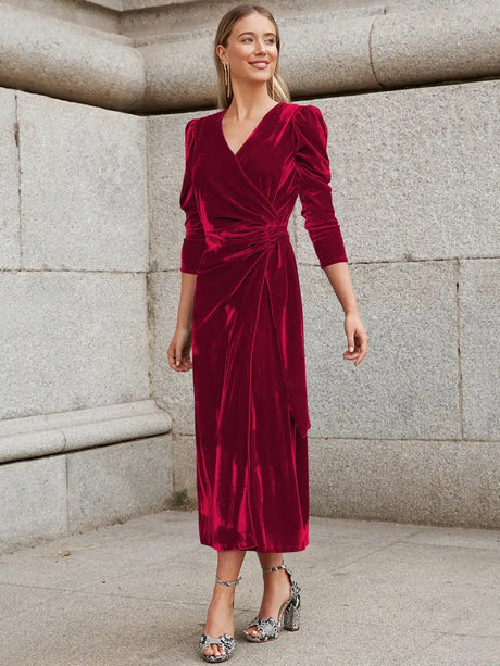 Elegant Solid Velvet Long Dress Women V-neck Wrap Long Sleeve High Waist Ruched Lace-up Birthday Dress Evening Sexy Party Vestid - Lootquake