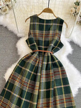 Autumn Winter Plaid Woolen Dress Women Vintage V Neck Sleeveless Long Dress With Belt Streetwear Sundress - Lootquake