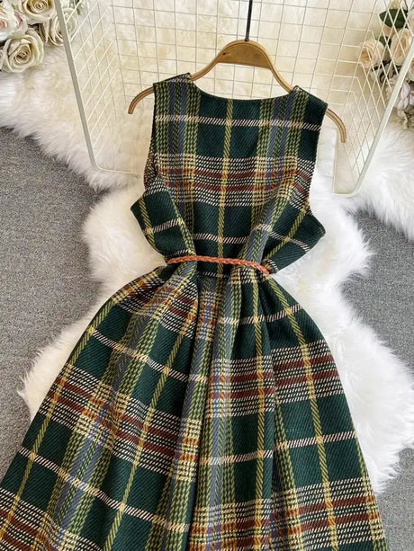 Autumn Winter Plaid Woolen Dress Women Vintage V Neck Sleeveless Long Dress With Belt Streetwear Sundress - Lootquake
