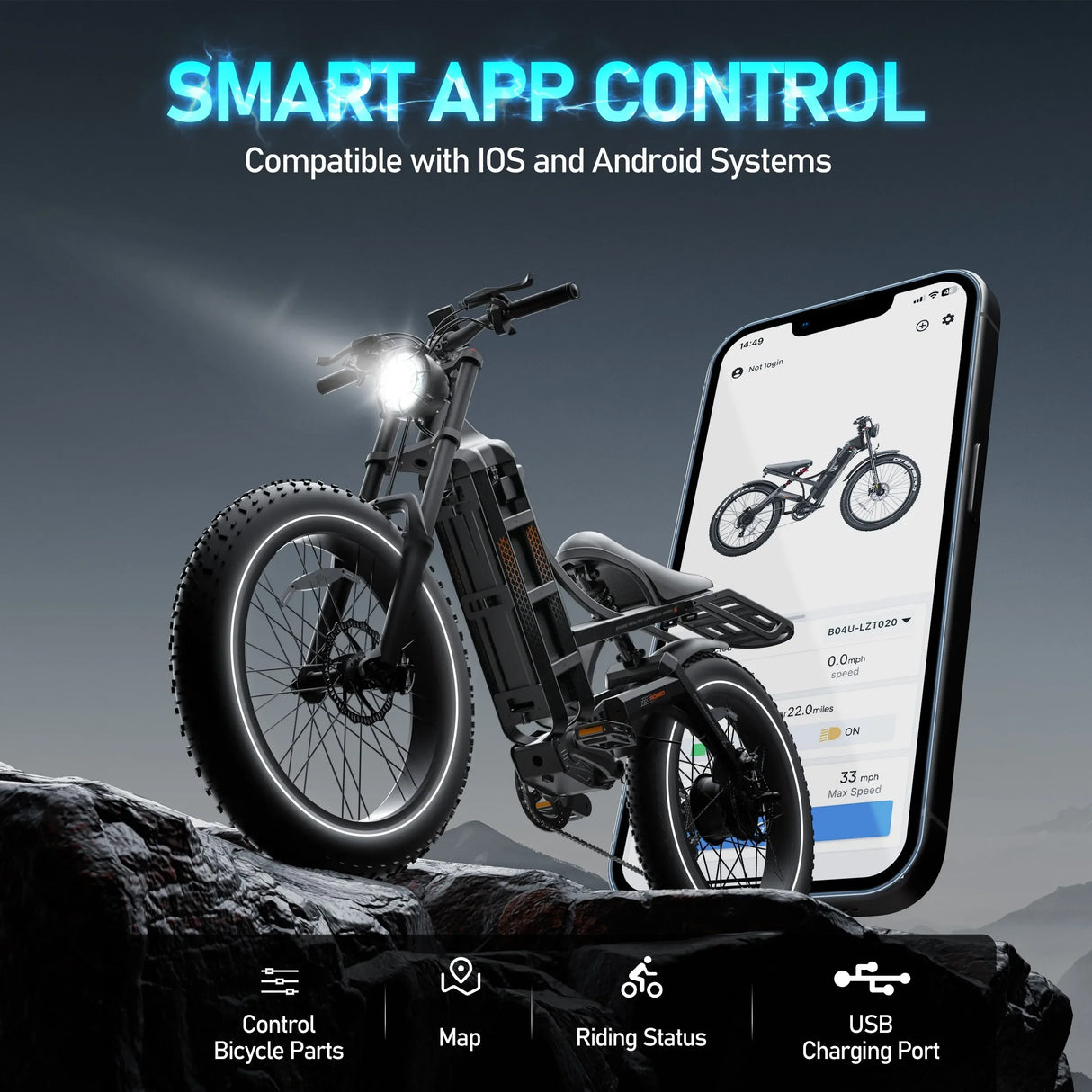Bicicleta eléctrica Romeo con motor de 1200 W, 48 V, 60 Ah, 34 mph, velocidad máxima, 26 x 4 pulgadas, neumáticos anchos todoterreno, para acampar, para adultos.