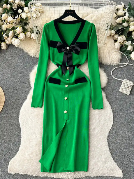 SINGREINY Office Lady Sweater Long Dress 2023 Bow Single Breasted Elastic Split Women Autumn Dress Fashion Senior Knitted Dress - Lootquake