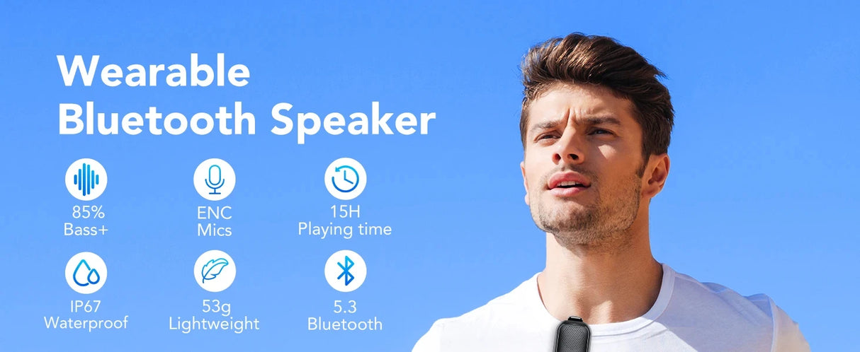 Altavoz Bluetooth inalámbrico portátil con clip y micrófono incorporado, ideal para deportes al aire libre.