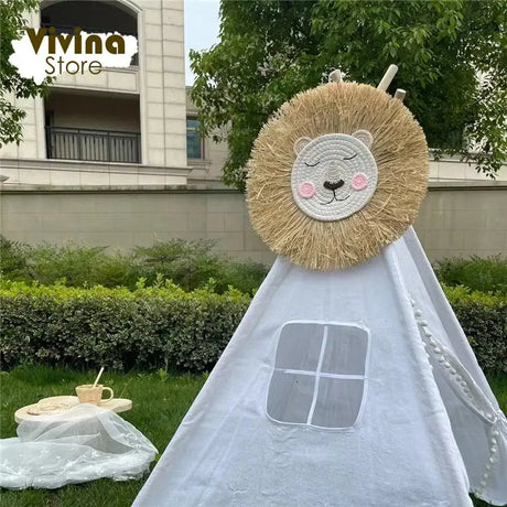 Nordic Hand Woven Lion Wall Hanging Ornaments Cartoon Animal Head Straw Weaving Children Room Wall Decor Tent Party Decoration - Lootquake