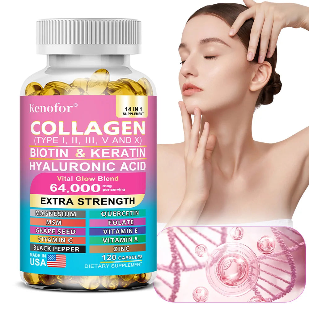 Cápsulas de colágeno 14 en 1: biotina y queratina, potenciador del cuidado de la piel, antienvejecimiento, blanqueamiento, cuidado de la piel, uñas y cabello.