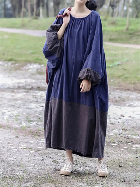 Oversized Spring New Women Big Size Robe Dress Korea Casual Loose Ladies Pullover Cotton Linen Dresses Woman Blue Long Dress - Lootquake