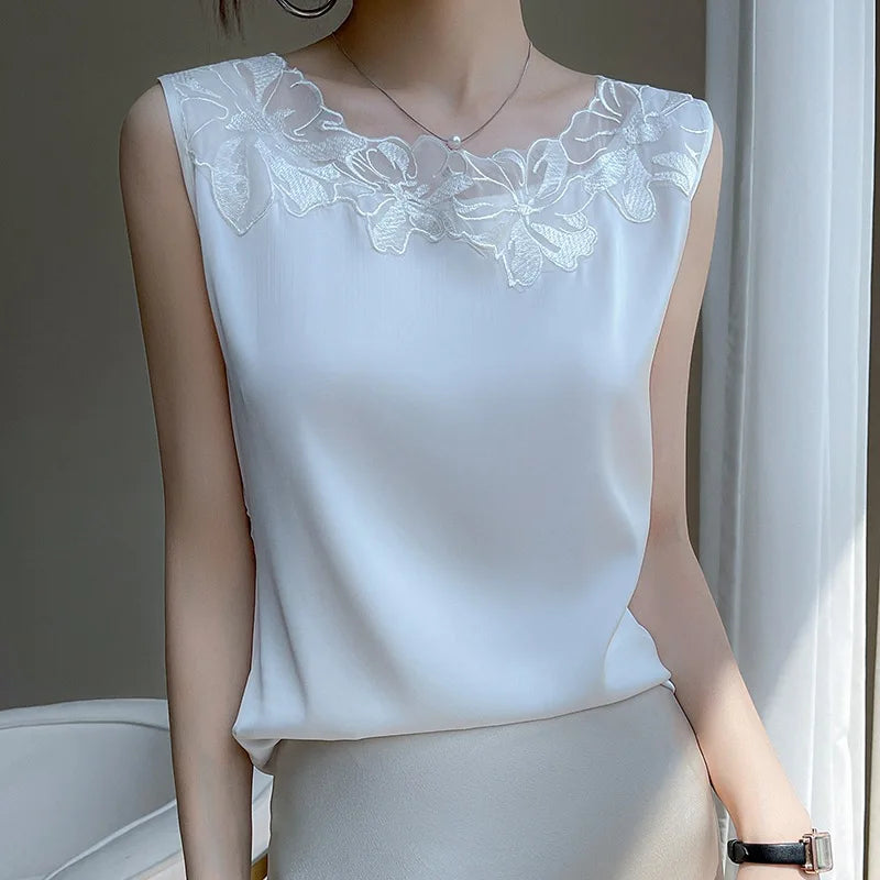 new woman clothing vest camis Tank top women's suit bottom lace lining 2024 summer new silk satin sleeveless top suspender vests - Lootquake