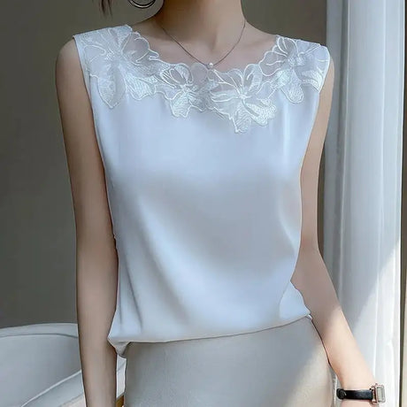 new woman clothing vest camis Tank top women's suit bottom lace lining 2024 summer new silk satin sleeveless top suspender vests - Lootquake