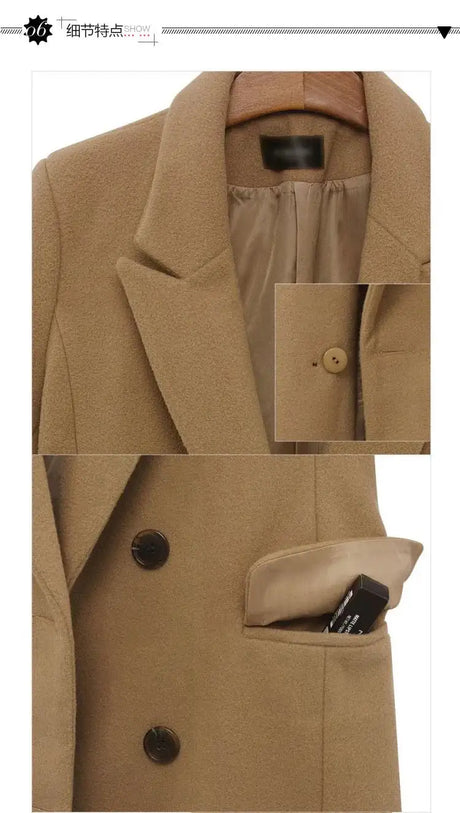 Autumn Winter Women's Woolen Jacket Long Windbreaker Double Breasted Slim Fit Coat - Lootquake