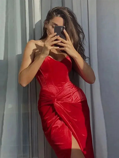 Elegant Velvet Knot Side Split Strapless Maxi Dress Women Back Bandage Off Shoulder Sleeveless Evening Long Dress Party Vestidos - Lootquake
