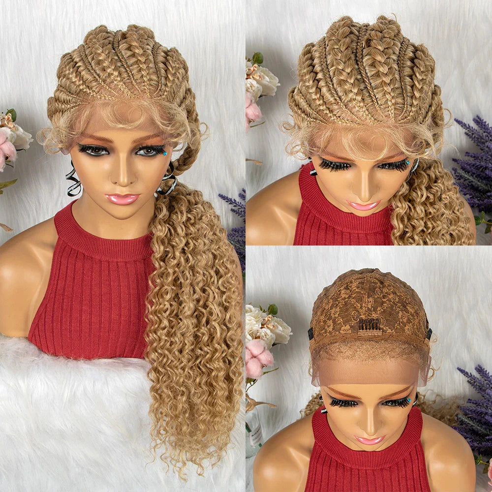 28" Knotless Cornrow Braids Wig with Curly Ends | Transparent Lace Front | Baby Hair