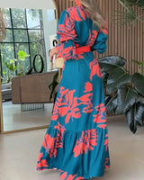 Deioao Sexy Elegant Long Dress Robes For Women V Neck Long Sleeve Loose Flower Laceup Fashion Travel Casual Plus Female Clothing - Lootquake