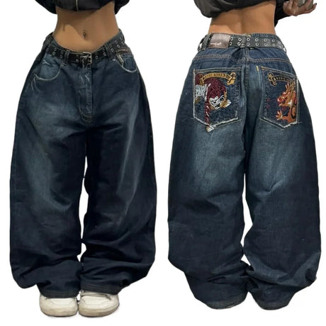 2024 New American Trend Retro Hip-hop Embroidery Pattern Baggy Jeans For Men And Women Y2K Harajuku Gothic Wide Pants Streetwear - Lootquake