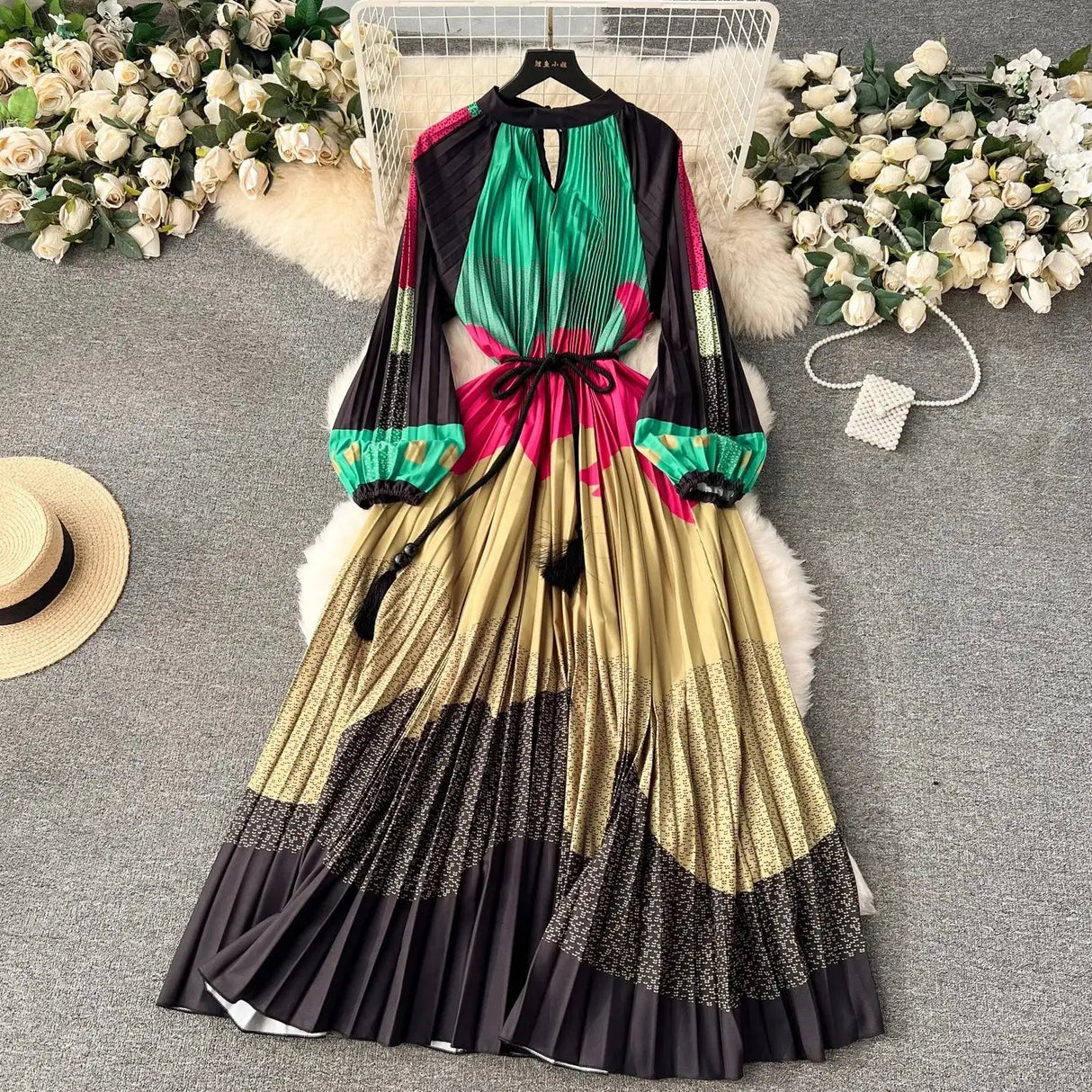 Spring Holiday Print Long Dress For Women Fashion Loose Lantern Sleeve Party Robe Female Big Swing Tassels Belt Pleated Clothes