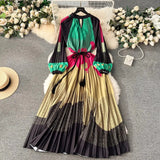 Spring Holiday Print Long Dress For Women Fashion Loose Lantern Sleeve Party Robe Female Big Swing Tassels Belt Pleated Clothes