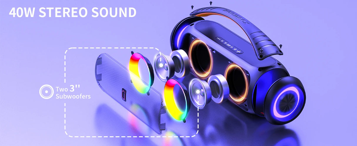 Altavoz inalámbrico portátil Bluetooth, altavoz boombox potente con subwoofer, sonido estéreo de graves profundos y potente, resistente al agua IP65.