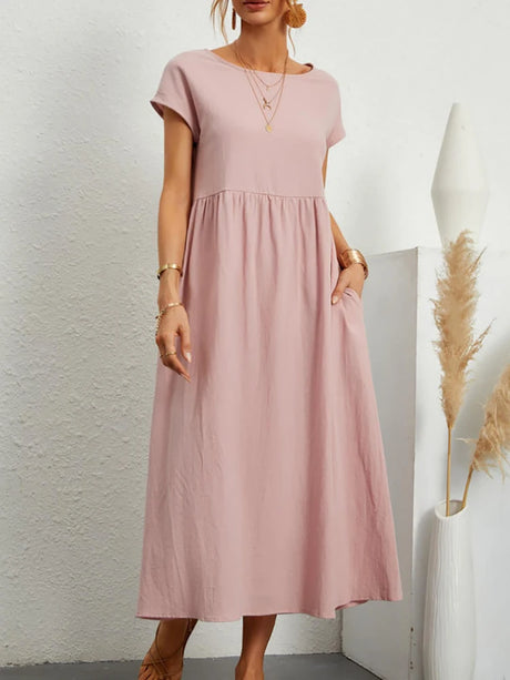 Women Elegant Solid Maxi Dress Summer Short Sleeve O Neck Vintage Harajuku Cotton Linen Loose Sundress Y2K Pockets Long Dress - Lootquake