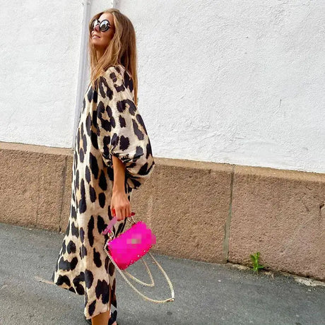 Autumn Women's Long Leopard Print Dress New Long V-neck Loose Lantern Sleeve Leopard Print Dress Long Dress - Lootquake