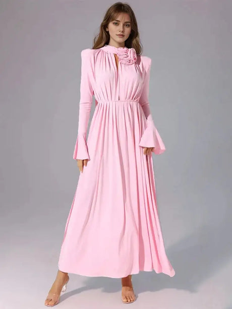 Solid Patchwork Appliques Dresses For Women Half High Collar Flare Sleeve High Waist Elegant Long Dress Female Fashion New - Lootquake