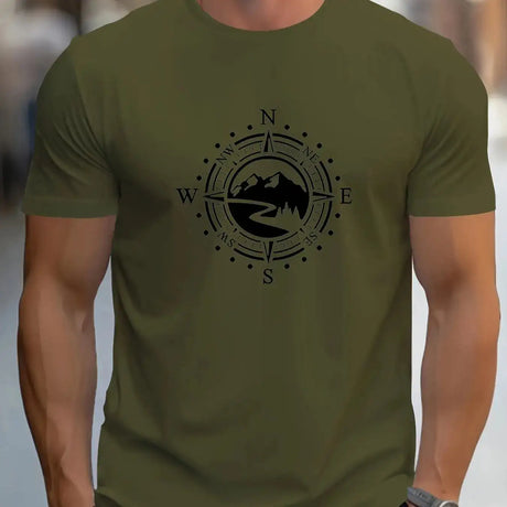 Summer Men's 100% Cotton Casual Loose Large Compass Pattern Printed Sports Comfortable Round Neck Short Sleeve T-shirt Top - Lootquake