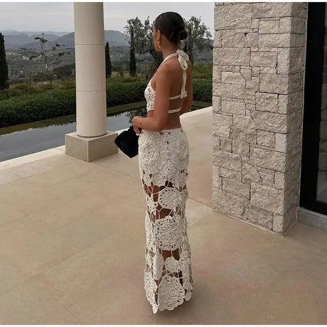 Fashion Hollow Out Halter Maxi Dress For Women 2024 Sexy Sleeveless Backless Long Dress Holiday Hook Flower Knitted Beach Robe - Lootquake