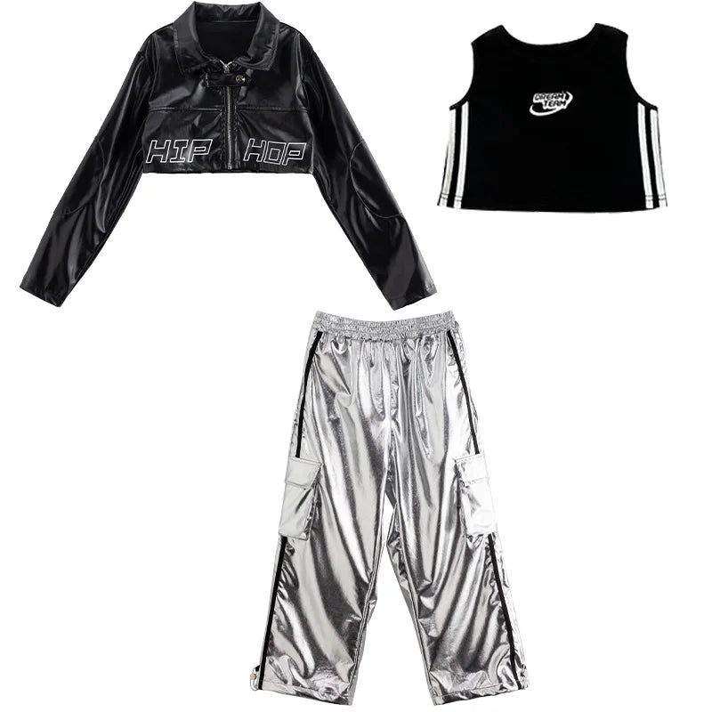 Girls Jazz Dance Hip Hop Outfit Child Model Catwalk Stage Dance Show Costume Black Navel Top White Trousers - Lootquake