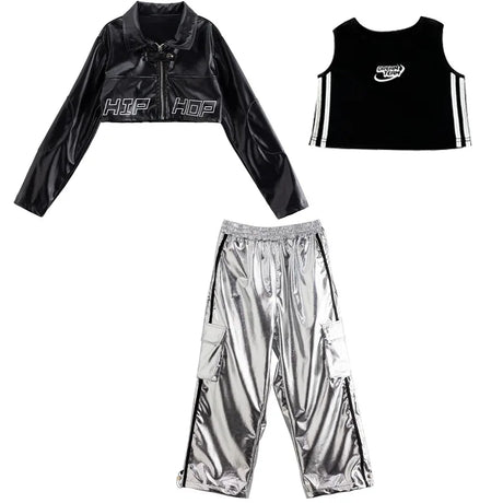 Girls Jazz Dance Hip Hop Outfit Child Model Catwalk Stage Dance Show Costume Black Navel Top White Trousers - Lootquake