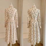 2025 New 100% Linen Flower Print Long Sleeve Tie Up Waist Loose Long Dress - Lootquake