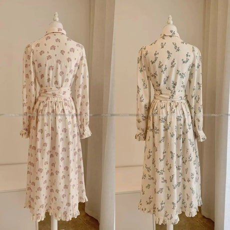 2025 New 100% Linen Flower Print Long Sleeve Tie Up Waist Loose Long Dress - Lootquake