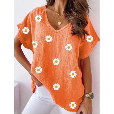 Summer Floral Flower T-shirt 3D Print Women Y2k Tops Streetwear T Shirts Harajuku Oversized Elegant V-Neck Tees Woman Clothing - Lootquake