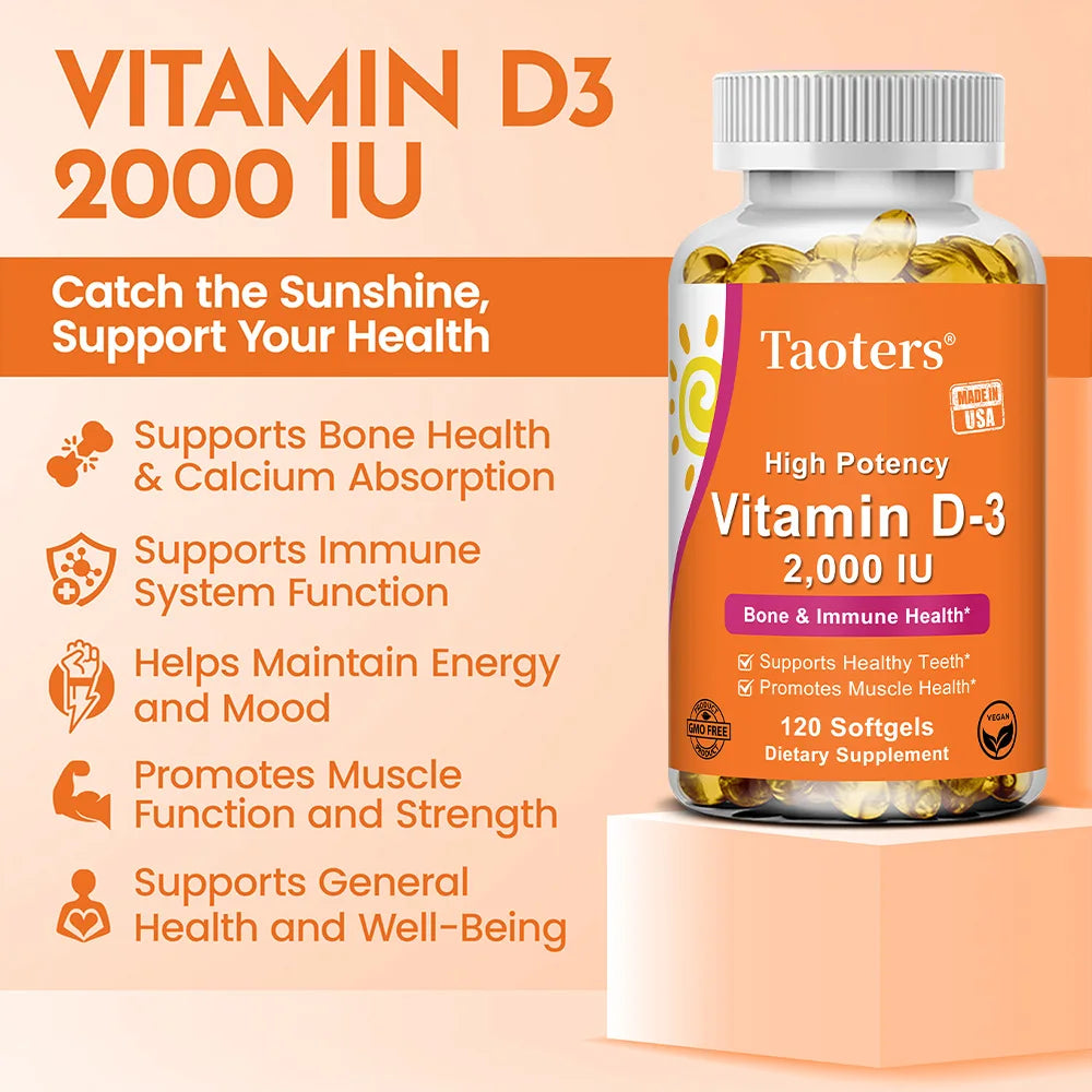 Vitamina D3 2000 UI 50 mcg Cápsulas de vitamina D3 Función muscular saludable Ayuda a mantener la salud inmunológica Huesos y dientes fuertes