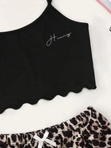 Leopard Print Sling Sleepwear Women's Pajamas Set Sexy Lingerie V-Neck Sleeveless Top and Shorts Sets Pyjamas Homewear - Lootquake