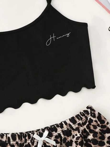 Leopard Print Sling Sleepwear Women's Pajamas Set Sexy Lingerie V-Neck Sleeveless Top and Shorts Sets Pyjamas Homewear - Lootquake