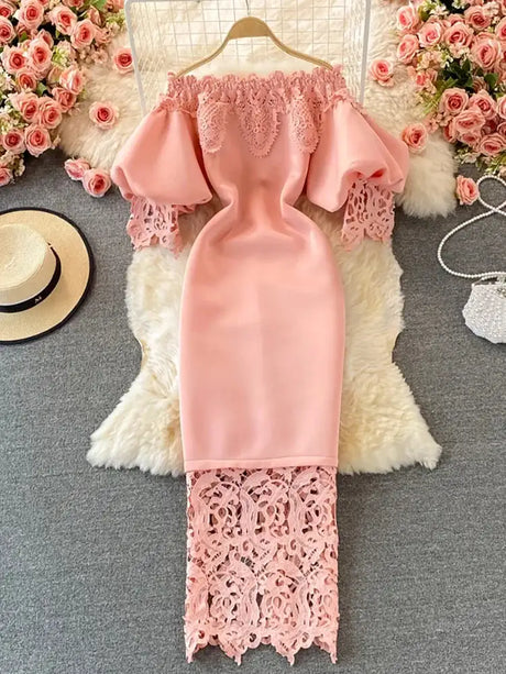 Sexy Hollow Out Lace Bodycon Long Dress Women Elegant Red/Pink/White Off Shoulder Patchwork Maxi Party Vestidos 2021 Autumn New - Lootquake